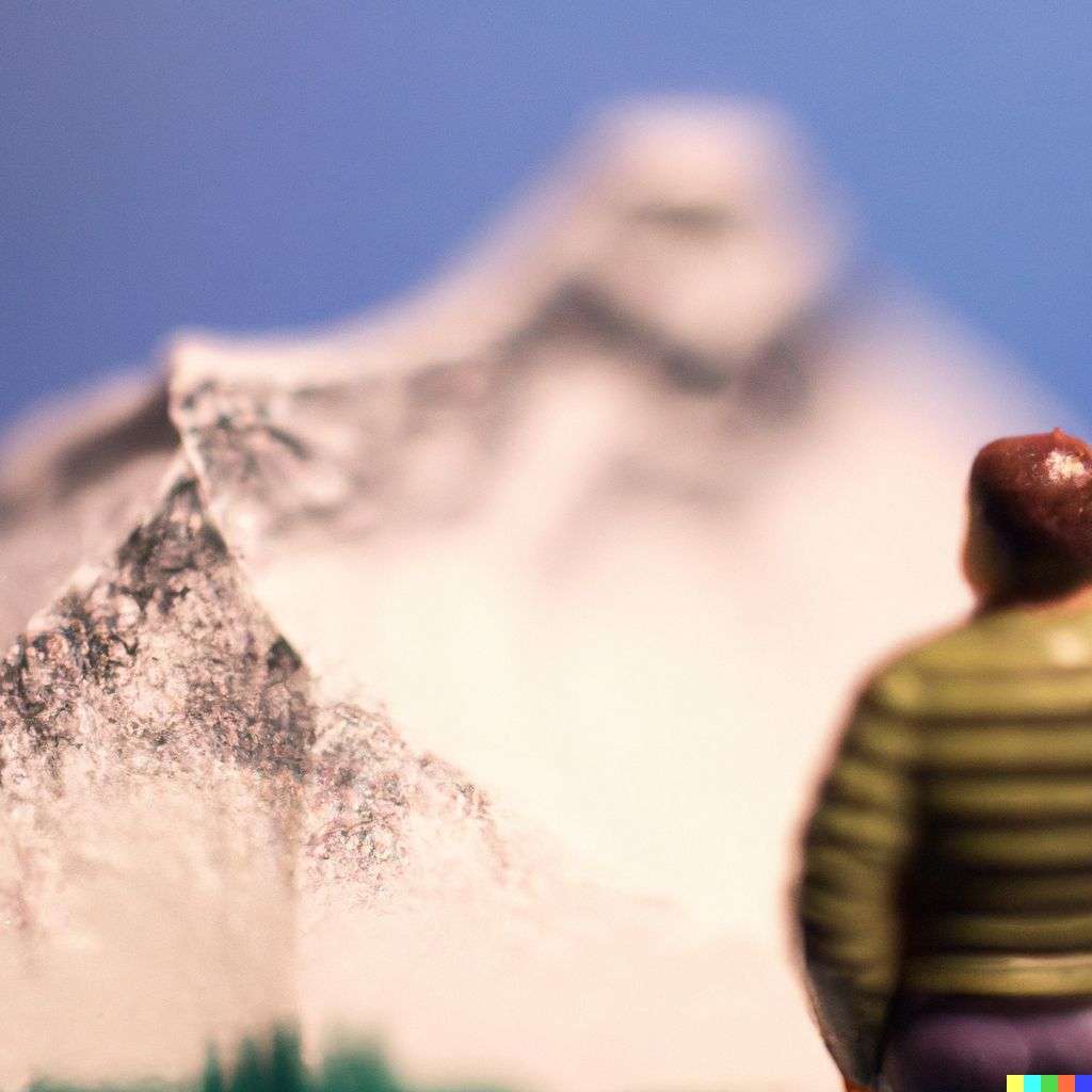 someone gazing at Mount Everest, photograph taken with a macro lens, 50mm